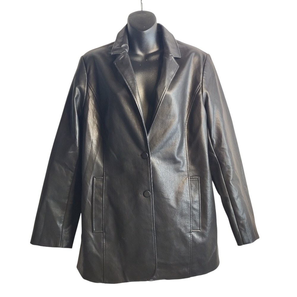 Adika Woman's Black Faux Leather Two Buttons Jacket Size Medium